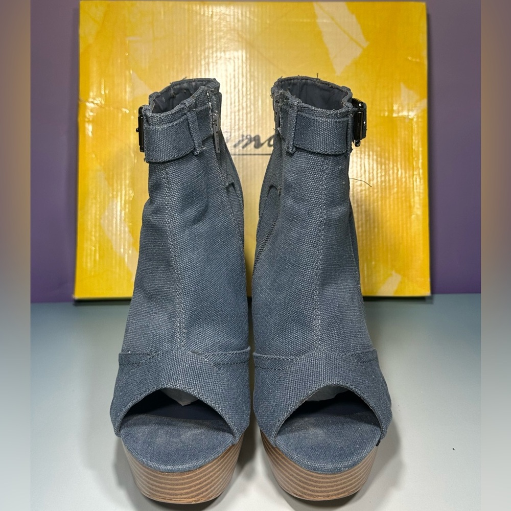 Gomax Womens Denim/Canvas Booties Peep Toe Light Blue Platform Wedge Heel